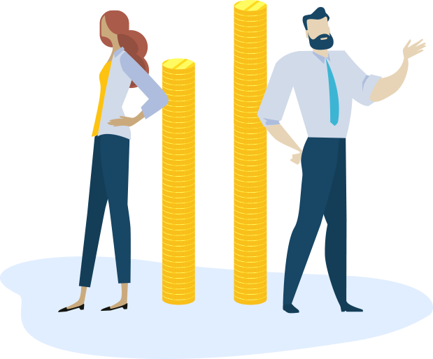 Illustration d'un homme et une femme près d'une pile de sous